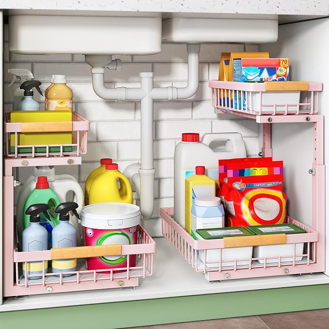 Kitstorack Under Sink Organizer, 2 Tier Under the Sink Storage, Slide out Pull out Cabinet Organizer Shelf, Metal Sliding Drawer for Kitchen Bathroom Pantry Closet Organization Rack, Pink, 2 Pack