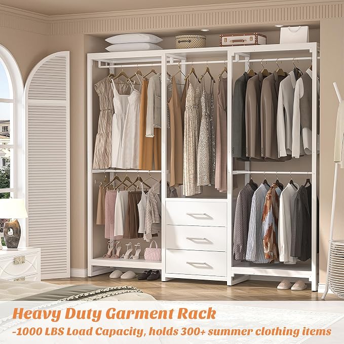Aheaplus Garment Rack Heavy Duty Clothes Rack for Hanging Clothes,Clothing Rack with Drawers, Wood Stoarge Shelf Freestanding Closet Wardrobe Rack, Corner L Shaped Closet System Organizers, W3,White