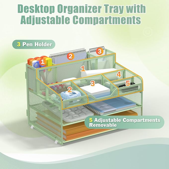 Docnest 3 Tier Mesh Desk Organizer with Letter Tray & Paper Sorter, Green | Features 3 built-in pen holders & 5 adjustable compartments on top. Includes 4 non-slip rubber feet for desk protection