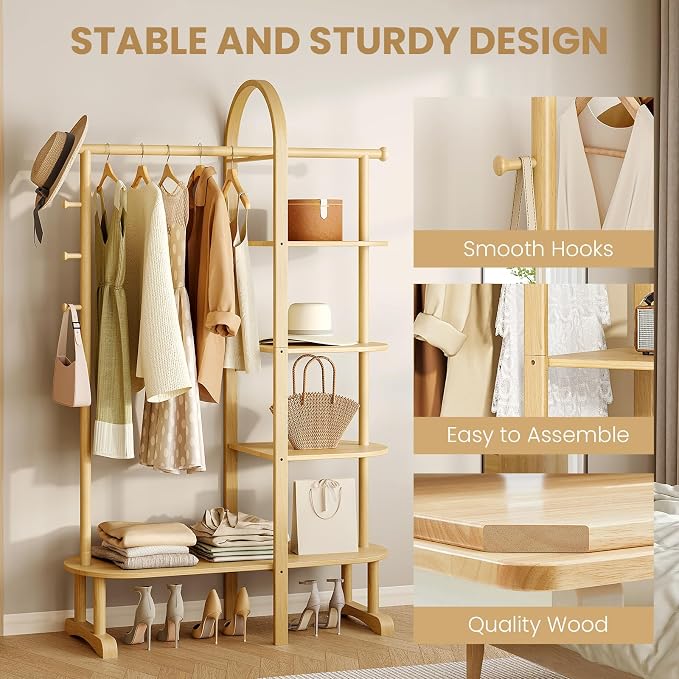 41.3" Wide 3-in-1 Freestanding Clothing Rack, Wooden Coat Rack with 4 Shelves and 5 Hooks,Solid Rubber Wood Coat Rack with Shelves for Entryway, Bedroom, Living Room,Natural