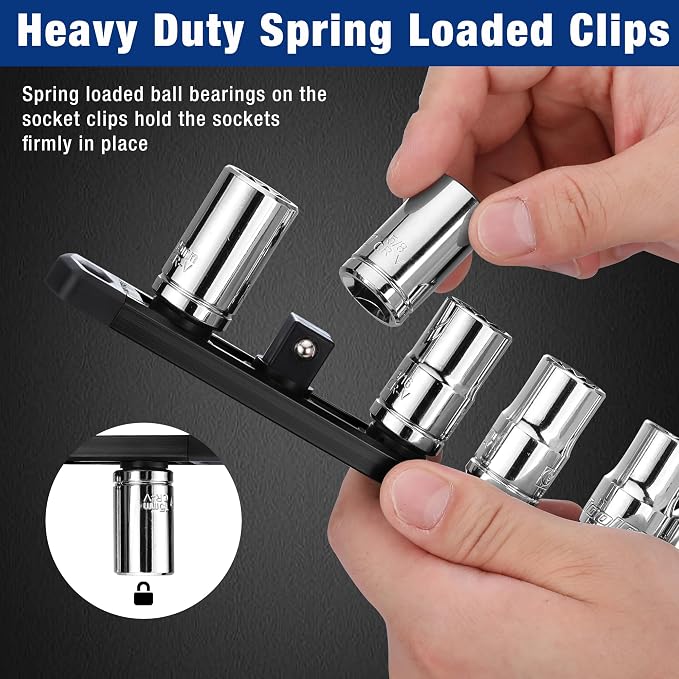 WORKPRO Magnetic Socket Organizer, Heavy Duty 1/2-Inch Drive Socket Rail | 1 Piece Socket Holder with 10 Spots, Aluminum Alloy, Rotatable & Movable Clips, Efficient Organization