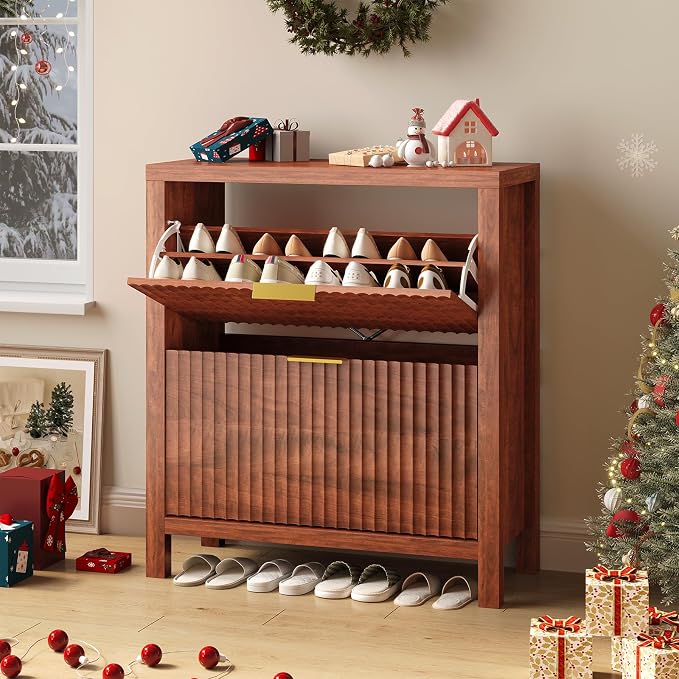 Fluted Shoe Cabinet Storage with 2 Flip Drawers for Entryway, Hallway | Narrow Shoe Rack Freestanding Shoe Organizer with Legs for Entryway，Hallway, Red Walnut