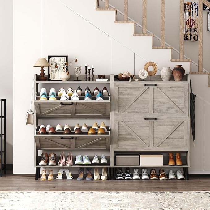 HOMEFORT Shoe Storage Cabinet for Entryway, 30" Freestanding Organizer with Two Flip Drawers, Narrow Hidden Shoe Rack with Wood Legs, Farmhouse Shoe Cabinet for Front Door Entrance,Washed Gray