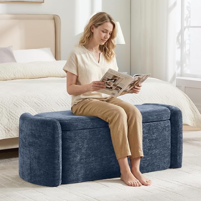 Oval Ottoman Bench with 20 Gal of Storage Space Upholstered Chenille Seat End of Bed Storage Bench Storage Ottoman with Storage for Bedroom, Living Room, Entryway, Window(Blue)