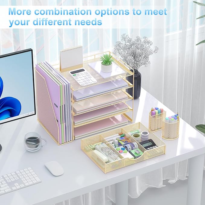 gianotter 5-Tier Desk Organizer with Drawers and File Holders | Letter Trays and Pen Holders - Workspace Accessories for Office Supplies (Gold)