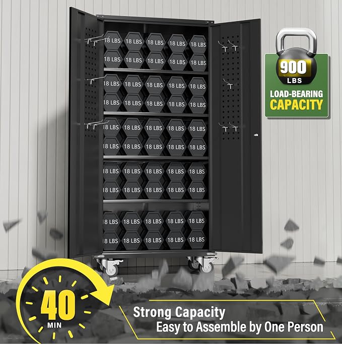 Greenvelly Metal Storage Cabinet with Wheels, 72" Black Garage Rolling Cabinet with Doors and 4 Shelves, Steel Locking Cabinets Tall Tool Lockable Storage Cabinets for Basement, Pantry, Home Office