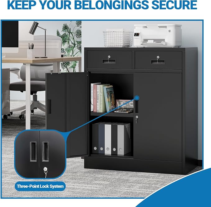 Metal Storage Cabinet, 36" Locking Cabinet with Adjustable Shelves for Garage, Office (Black, 2 Drawers)