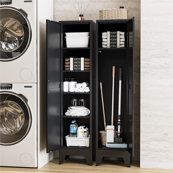 67" Tall Narrow Storage Cabinet with Reversible Doors and Adjustable Shelves,11.8" Deep By 15.7" Wide Metal Slim Cabinet for Bathroom Kitchen Garage Small Spaces,Black,1 Pc