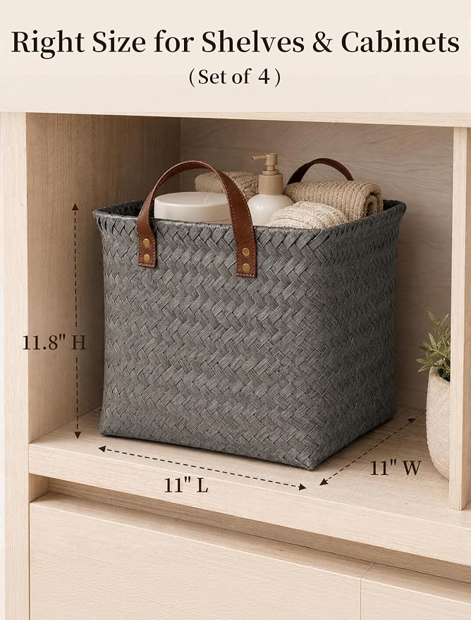 Wicker Storage Baskets, 4 Pack Woven Baskets for Shelves, Grey | PP Rattan, Water-resistant Wicker Basket, Large Baskets with Faux Leather Handles for Blanket, Laundry Organizer, Room Decor