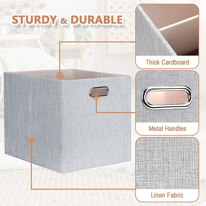 Posprica 13x15x13in Collapsible Storage Bins, Fabric Foldable Cube Storage Boxes, Decorative Storage Baskets Organizer for IKEA Kallax, Shelves, Closet, Clothes, Set of 4-Grey