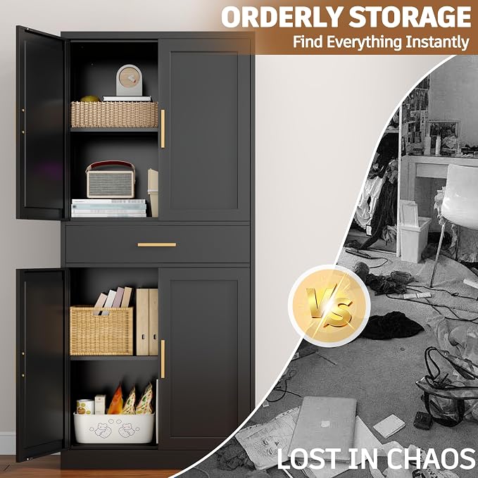 71”Tall Kitchen Pantry Cabinet, Metal Storage Cabinet with Doors and Shelves (Black, 1 Drawer)