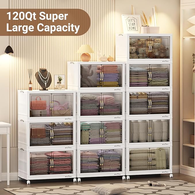 BROVIEW 600 Qt Stackable Storage Bins with Lid, Plastic Closet Organizers and Storage Drawer, Collapsible Storage Box with Wheels, Folding Storage Cabinet for Closet Clothes Organization, 5Pack White