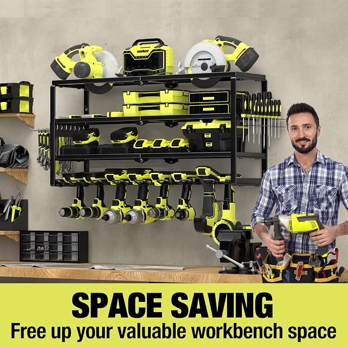 MOOMSINE 4 Layer Power Tool Organizer Wall Mount, Battery Tools Holder with Charging Station Shelf, Cordless Drill Hanger Storage Rack for Garage Organization, Workshop, Pegboard - 32 Inch 8 Slots