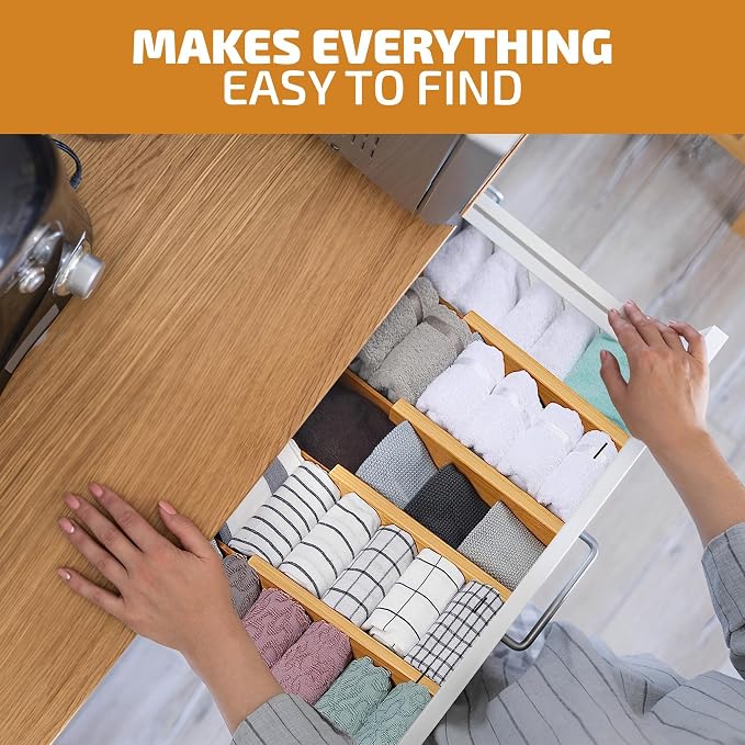4-Pack Drawer Dividers 2.6-Inch High Dresser Drawer Organizer 16 to 22 Inch | Bamboo, Spring Loaded, No Tools Needed, Fits Wide Drawers for Socks, Clothes, Utensils, Bedroom, Bathroom, Kitchen, Office