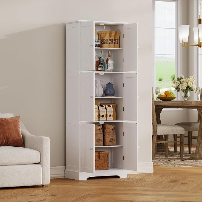 ChooChoo 63.2" Tall Bathroom Storage Cabinet with 6 Doors | Freestanding Floor Cabinet, Adjustable Shelves, Pantry Cabinet for Bathroom, Kitchen, Laundry Room, White