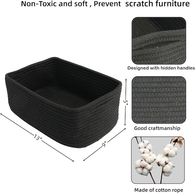 XUANGUO Small Woven Storage Baskets for Shelves, 13" x 9" x 5", Black | Decorative rope storage bins for closets and toy storage; cute organizer baskets, empty gift baskets and nursery storage.