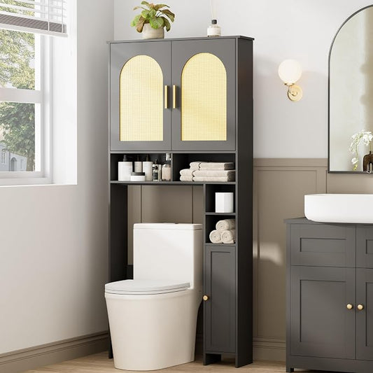 Homhedy Wooden Over The Toilet Storage Cabinet, Natural and Black | Bathroom Organizer with Rattan Decorated Doors, Adjustable Shelves, Toilet Paper Holder, for Small Spaces