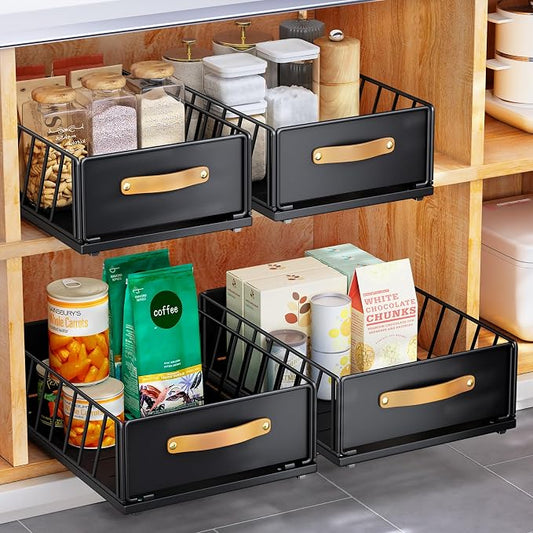 Pull out Cabinet Organizer,Heavy Duty Slide out Pantry Shelves Drawer Storage with Adhesive Nano Film,Sliding Mesh Cabinet Basket with Handle for Kitchen, Bathroom, Home, 9.8"W X 15.7"D X 6.2"H,Black