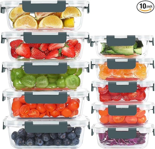 10 Pack Glass Food Storage Containers with Lids | Meal Prep Containers Set, Airtight Glass Lunch Boxes, BPA-Free, Freezer, Oven, and Microwave Safe