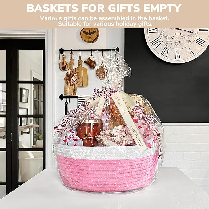 CHICVITA Gift Basket Empty with Bags & Ribbon for Baby Shower, Pink | 12"x 8"x 5" Woven Gift Basket Empty to Fill for Girl Birthday, Rope Baskets for Organizing, Decorative Basket