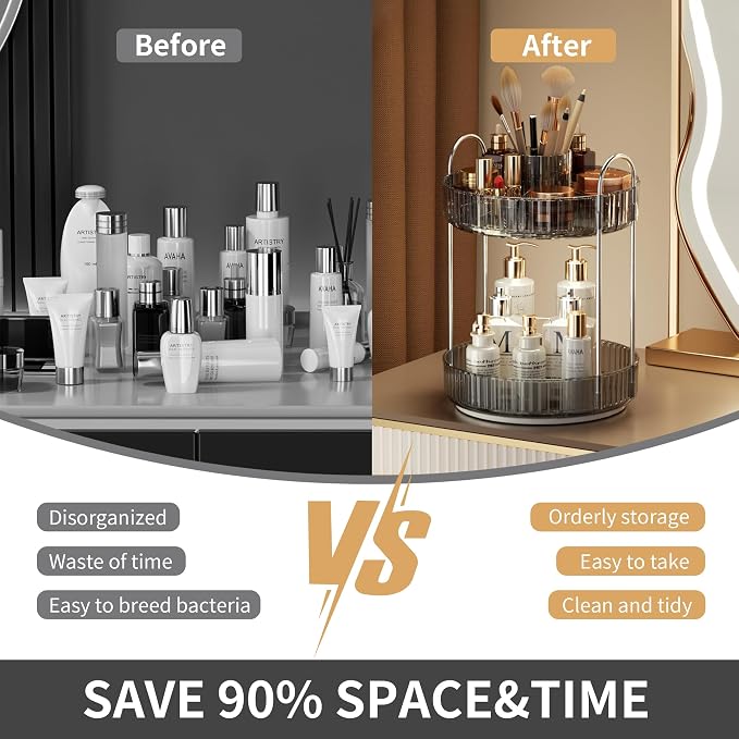 YCIA&DONE Rotating Makeup Organizer for Vanity, Large Capacity Make Up Storage Skin Care Shelf Perfume Holders Cosmetic Dresser Organizer Countertop Spinning 360 (Smoky Gray, 3Tiers)