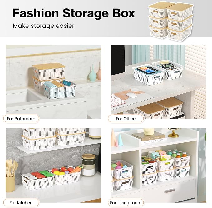 Ohmlove Plastic Storage Baskets With Bamboo Lid - Plastic Storage Containers Stackable Storage bins: Storage Baskets for Organizing Shelves Drawers Desktop Closet Playroom Classroom Office, 6 Pack