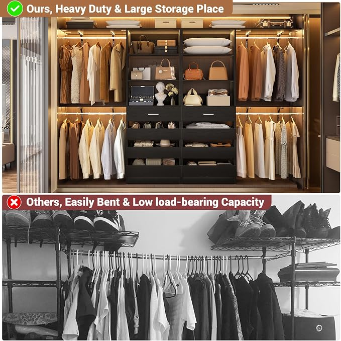 Aheaplus Closet System with 8 Wooden Drawers, Wood Closet Organizer System with Tower, Walk-in Closet Organizer Wardrobe Clothes Rack with 4 Hanging Rods, Garment Rack, Cut to Fit 7-12Ft, Black