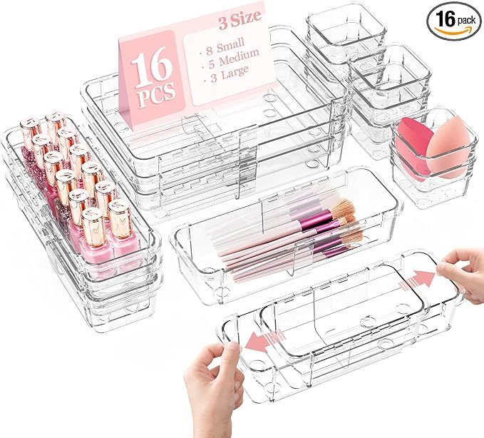 DILIBRA 16 Pcs Clear Extendable Drawer Organizer, Adjustable Drawer Storage 3-Size Desk Drawer Organizer, Plastic Non-Slip Storage Bins for Makeup, Cosmetic, Jewelries, Utensils, Stationery, Dressers