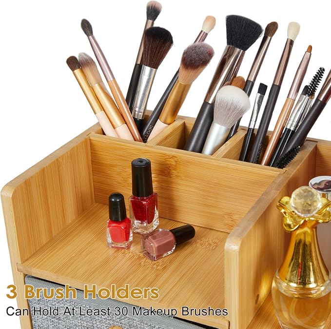 Large Makeup Organizer For Vanity, Large Capacity 3 Tiers Bamboo Bathroom Counter Organizers and Storage, Countertop Makeup Brush Holder, Nail Polish Perfume Stand with 3 Drawers and 10 Compartments