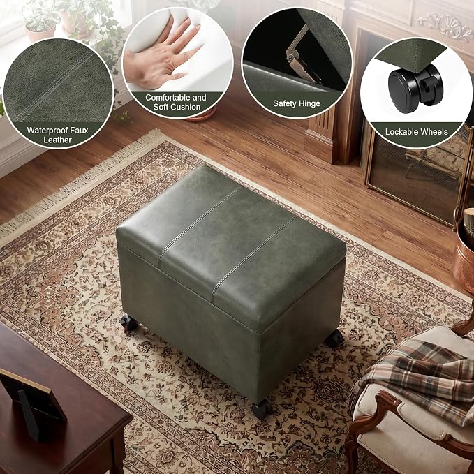 24" Faux Suede Storage Ottoman Bench with Wheels, Rectangle Foot Rest Stool for Living Room, Bedroom, Entryway, Moss Green