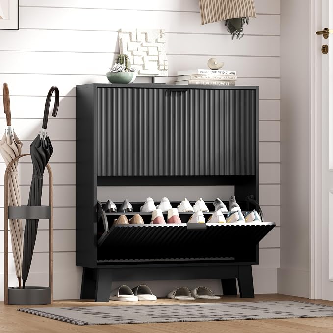 HUANLEGO Shoe Cabinet Storage for Entryway with 2 Flip Drawers, Fluted Narrow Shoe Organizer with Wooden Legs, Freestanding Slim Shoe Storage Hidden Shoe Rack Organizer for Front Door Entrance, Black