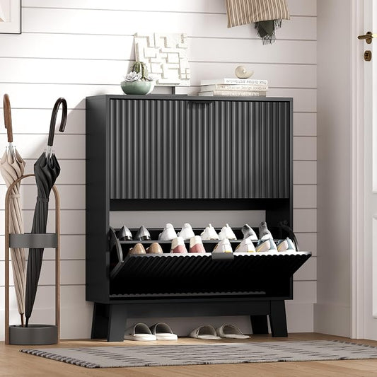 HUANLEGO Shoe Cabinet Storage for Entryway with 2 Flip Drawers, Fluted Narrow Shoe Organizer with Wooden Legs, Freestanding Slim Shoe Storage Hidden Shoe Rack Organizer for Front Door Entrance, Black