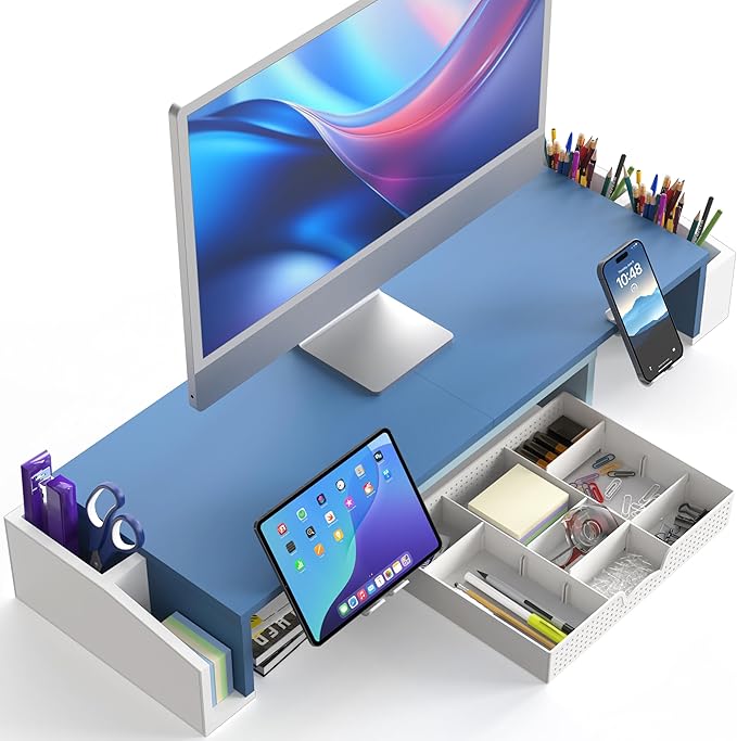 Simple Houseware Desk Dual Monitor Stand Riser with Drawer, Blue | Customizable Organizer Tray, Built-In Phone & Tablet Slot and Side Storage