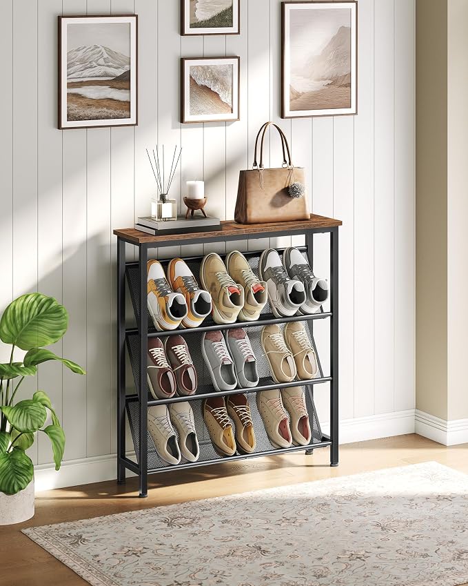 CHOEZON Shoe Rack, 4-Tier Slanted Shoe Storage Shelf, Narrow Shoe Rack for Entryway, Shoe Organizer with Adjustable Feet, Slim Shoe Shelf with Wooden Top and Metal Frame Rustic Brown and Black TXJ75BF