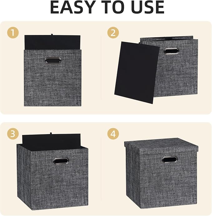 Posprica Storage Bins with Lids,13×13×13 Foldable Storage Cube Baskets Boxes Fabric Drawers for Closet Shelf Cabinet Bookcase,Set of 4,Black