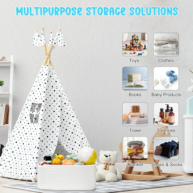 3-Pack Storage Baskets for Organizing | Woven Shelf Toy Basket | Rope Baskets for Gifts Empty | Closet Organizer Bins with Handles | Cube Decorative Box | 13.7×7.1×6.7” | White