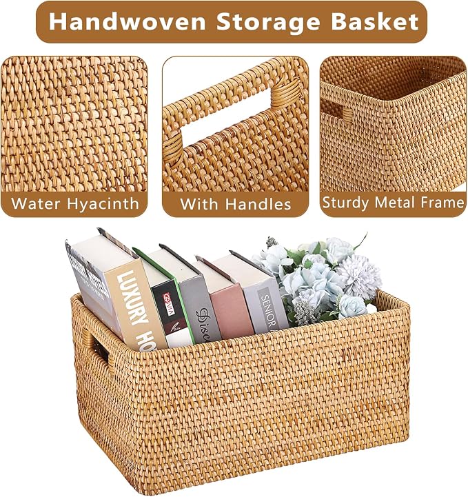Hipiwe Rattan Wicker Storage Basket for Shelf Organizer, Large 15"x11"x7.1" | Handwoven Decorative Basket Bin with Build-in Handles, Natural Rectanguar Wardrobe Home Organizer
