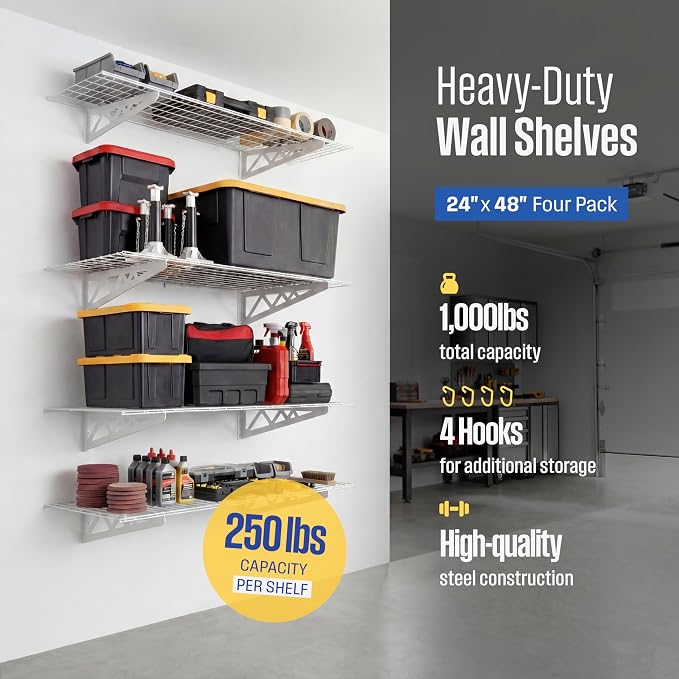 SafeRacks Steel Garage Wall Shelves 4-Pk w/Hooks, 500lb, White (24x48)