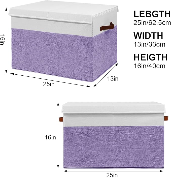 Large Toy Storage Box with Lid, Toy Chest Bin Boxes Basket with Dividers | Sturdy Toy Organizer Bin for Kids, Boys, Girls, Nursery, Living Room, Bedroom, Playroom 25"x13" x16" (Purple and White)