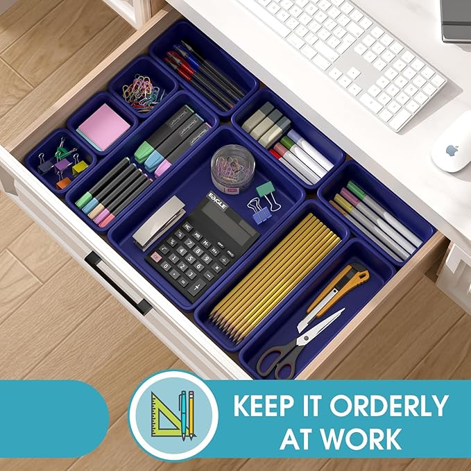 25 PCS Drawer Organizer Set, 4 Size Makeup Drawer Divider Organizer With Non-Slip Pads, Interlocking Plastic Storage Bins for Office,Jewelry Vanity,Gadgets, Bathroom,Kitchen, Navy
