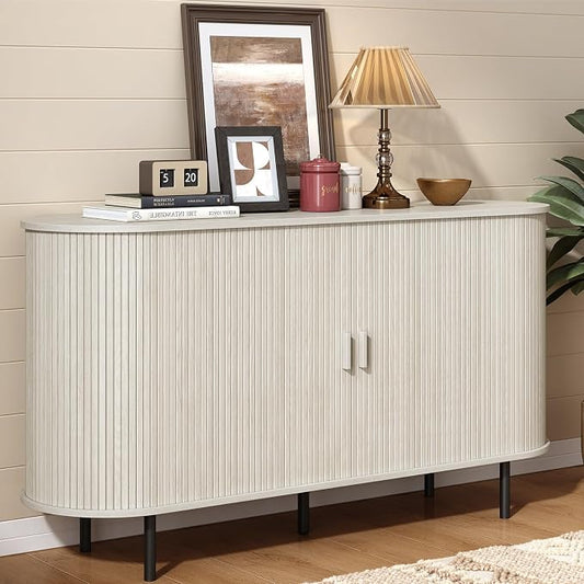 55" Sideboard Buffet Cabinet with Storage, Storage Cabinet with Sliding Door & Adjustable Shelf, Modern Accent Coffee Bar Console Table for Kitchen, Entryway, Natural White