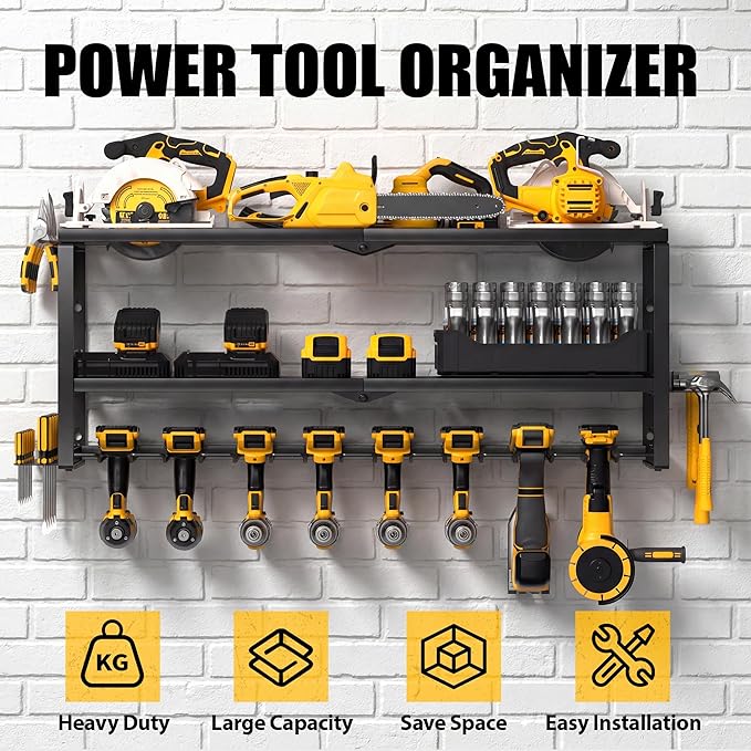 Heavy Duty Power Tool Organizer Wall Mount, Metal Tool Storage Rack Loads 320lbs, 8 Cordless Drill Holder 3 Layer for Garage, Workshop, Tool Room, Gift for Men