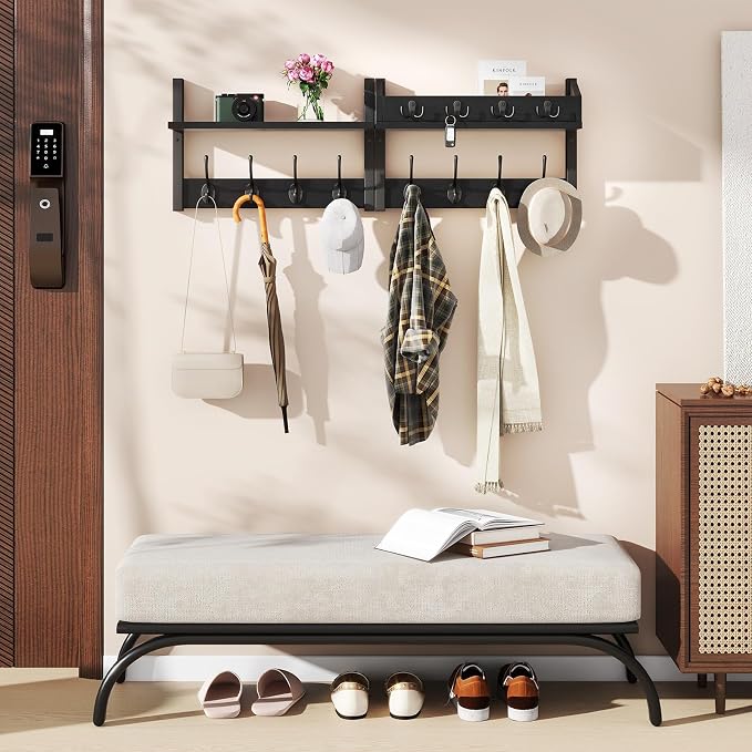 YMYNY 31.5" Coat and Key Rack Wall Mount with Shelf, Black, HWS007B-2 | 4-in-1 Coat and Key Hanger with 12 Metal Hooks, Entryway Wall Shelf with Hooks & Mail Holder for Living Room, Bedroom