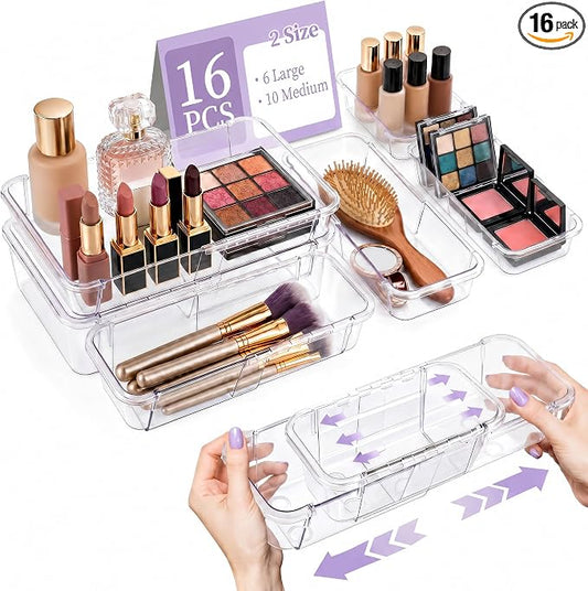 16 Pcs Extendable Clear Drawer Organizer|2-Size Expandable Drawer Dividers | Expanding Plastic Storage Boxes, Arcrylic Storage Bins for Vanity Makeup Drawer Dresser Kitchen Utensils DIY Desk Office