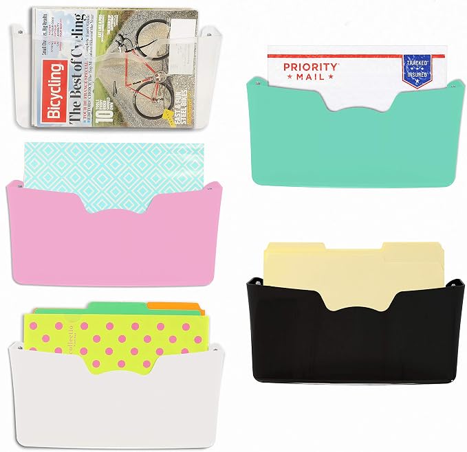 Simple Houseware Wall Mount Single Pocket Hanging File Holder, 5-Pack | Assorted Colors, Wall File Holder Organizer for Paper and Documents