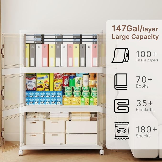 588QT Extra Large Stackable Storage Bins with Lids | & Wheels & Door, 147Gal Foldable Collapsible Closet Organizers, Plastic containers drawers for bedroom Dorm