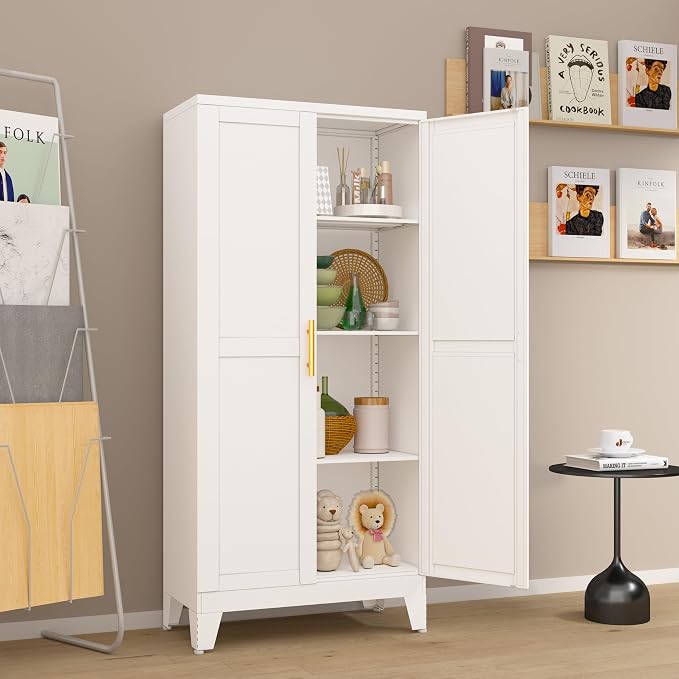 winiowa Metal Pantry Cabinet with 2 Doors and Adjustable Shelves, Kitchen Storage cabinets with Gold Handles, Versatile Storage for Laundry/Living Room,Bathroom,Dinning Room-White