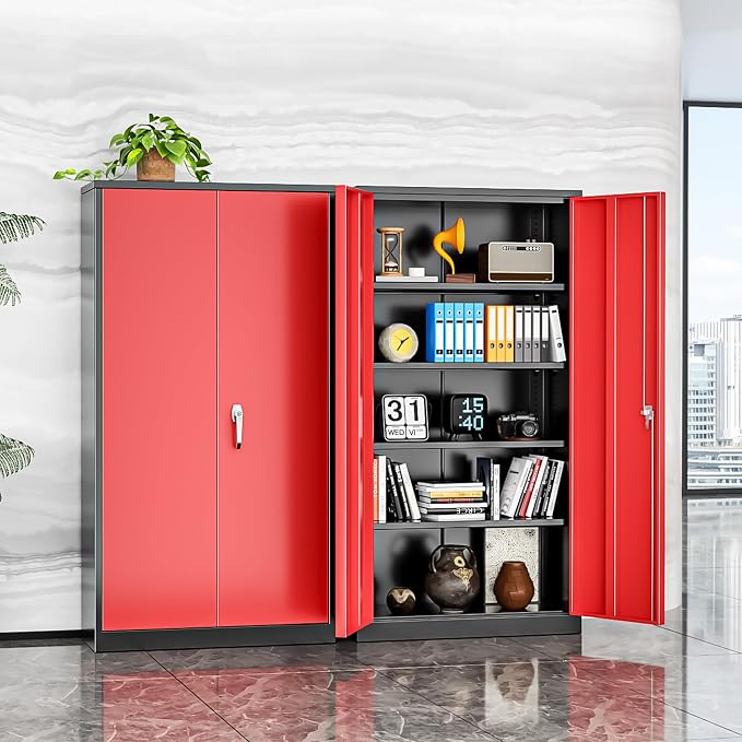 INTERGREAT Metal Storage Cabinet with Doors, 72" Locking Steel Storage Cabinet with Shelves, Tall Metal Cabinet Lockable Steel Cabinets for Home Office, Garage,(Black+Red)
