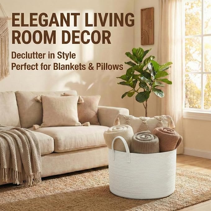 JMvicyroam 65L Extra Large Machine Washable Cotton Rope Blanket Basket | Collapsible laundry hamper, Reinforced handles, For blankets, pillows, toys and clothes, Living room and bedroom, White