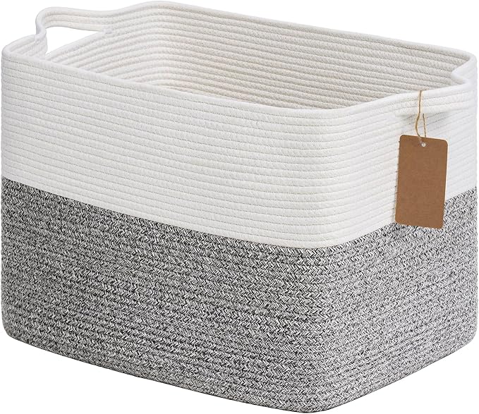Goodpick Woven Storage Basket with Handles, Cotton Rope, Light Gray | 50L, 18 x 14 x 12 in, Rectangle, Blankets, Toys & Home Essentials Storage, Living Room, Bedroom & Nursery Organization
